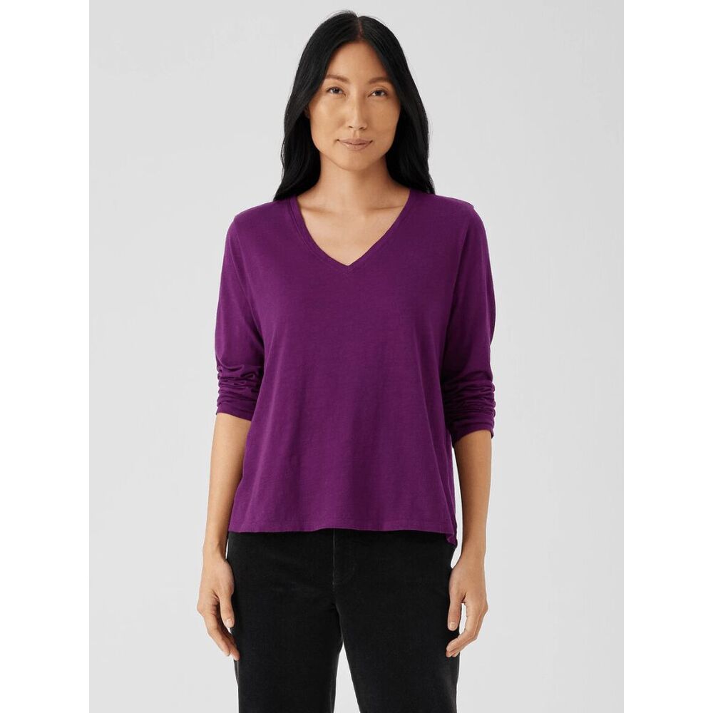 Eileen Fisher $118 Organic Cotton Slub V-Neck Long Sleeve Top Purple Womens XXS - Picture 9 of 9